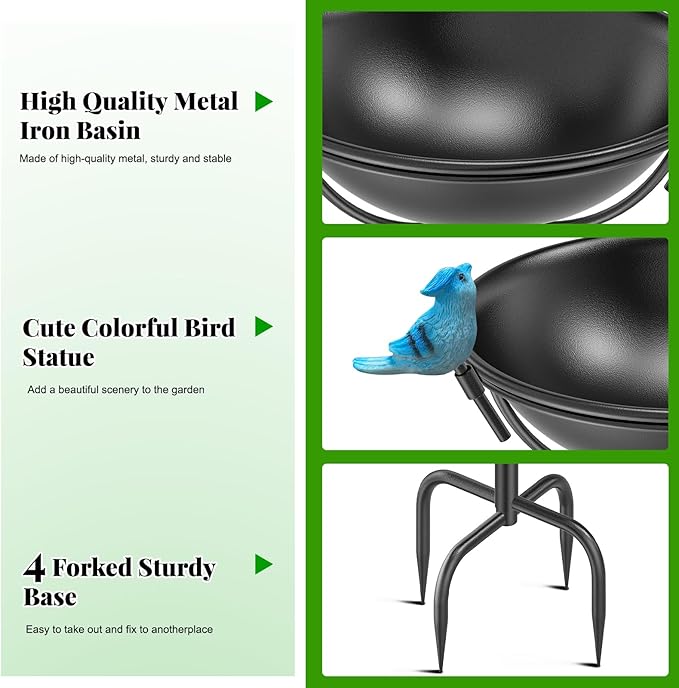 Outdoor 55In Metal Bird Bath for Outside, Cast Iron Tall Birdfeeder Birdbaths Bowl with 3 Resin Bird Statue Decorative, Bird Feeders for Outdoor Yard Lawn Patio Decor Black