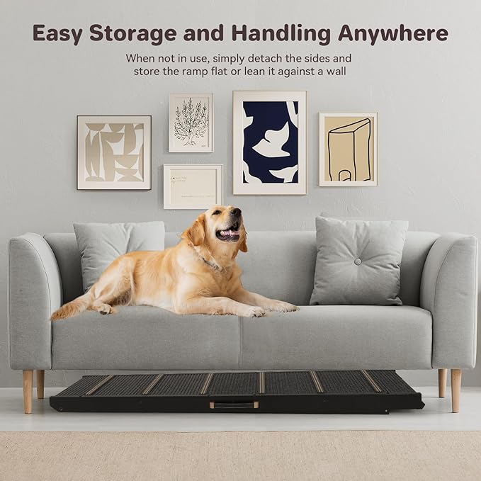 Pet Ramp Folding Portable Wooden Dog & Cat Ramps for Couch or Bed, Including Non Slip Mat & Safety Side Rails, 64.2 Inch Long and Height Adjustable from 13.4 Inch to 38 Inch Up to 110 Lbs