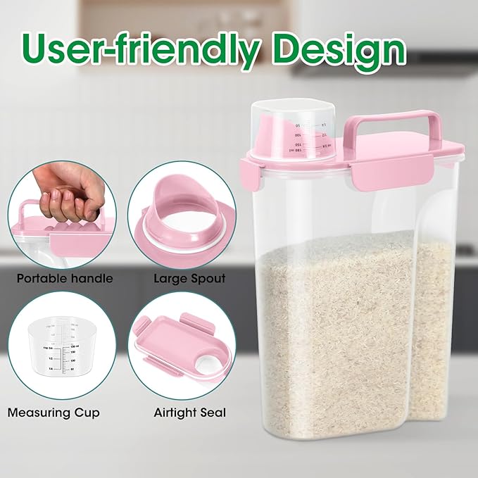 TBMax Airtight Rice Container 10 Lbs, Cereal Dispenser, Pet Cat Dog Food Storage Container, Plastic Kitchen Pantry Food Storage Holder with Cup -Pink