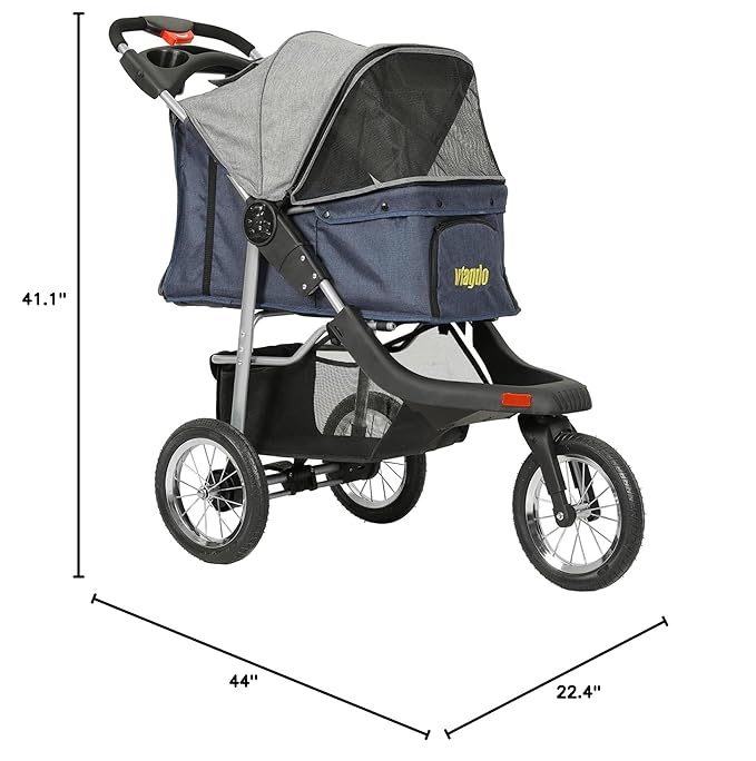 VIAGDO Premium Heavy Duty Dog Stroller for Small Medium Dogs & Cats, 3-Wheel Pet Strollers, Foldable Cat Stroller with Suspension System/Link Brake/One-Hand Fold, Max. Loading 55 LBS
