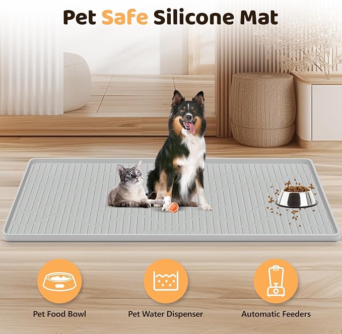 Silicone Cat & Dog Food Mat, 28" x 22" Large Pet Feeding Mat for Cats and Dogs Bowl, Pet Placemat for Food and Water with Raised Edge, Waterproof, Leakproof (Grey)