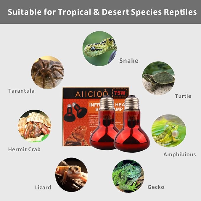 Aiicioo Reptile Red Night Light Bulb - 75W Reptile Heat Lamp Bulb Infrared Basking Spot Lamp for Bearded Dragon Lizard Turtle Hermit Crab Leopard Gecko Snake Chameleon Tank