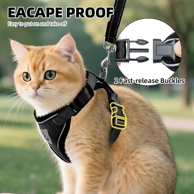 PUPTECK Cat Harness and Leash Set Escape Proof Reflective Cat Walking Harness Adjustable Soft Breathable Mesh Vest for Small Pets, Black, S