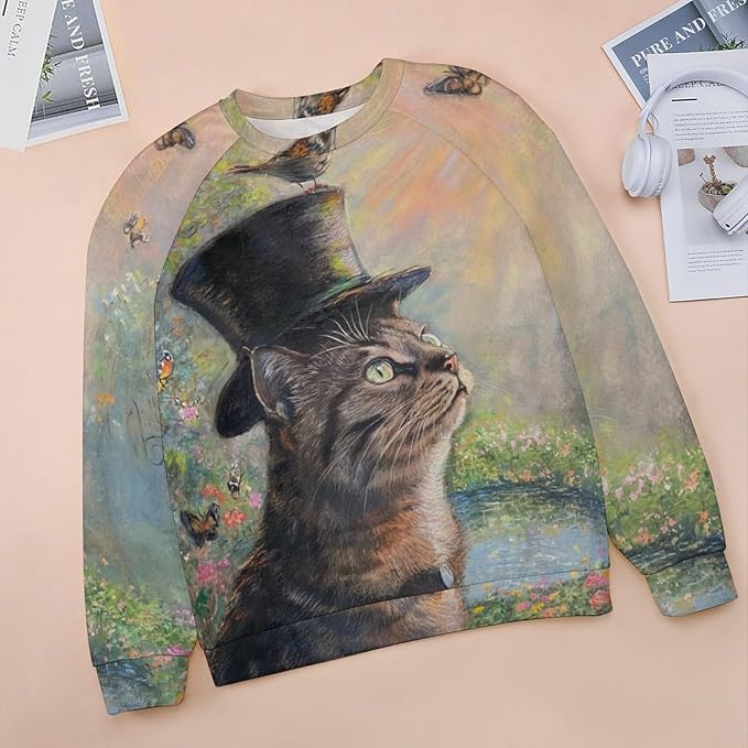 Long Sleeve Shirts for Women Cat Oil Painting Shirt 3D Graphic Sweatshirts Fall Pullover Crewneck Vintage Boho Tops