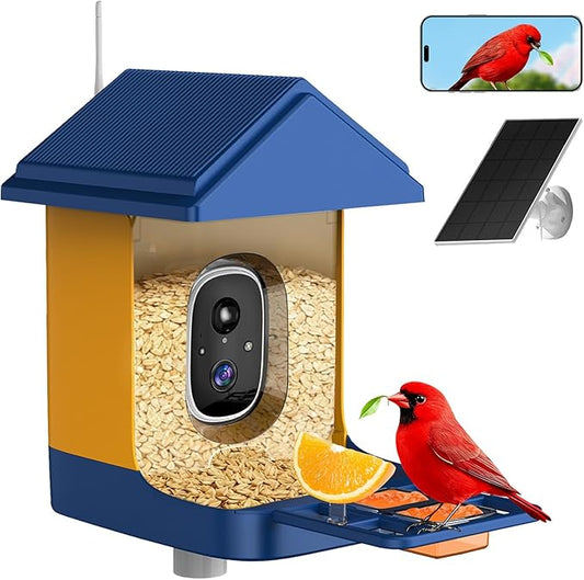 Smart Bird Feeder with Camera & AI Identification, 2K HD Live View, Solar Powered, Instant Arrival Alerts, IP65 Waterproof for 10,000+ Bird Species