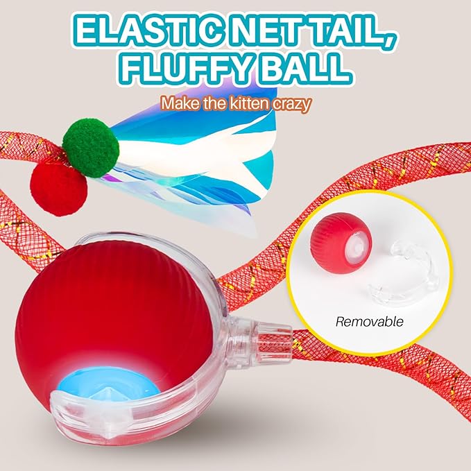 Interactive cat Toy cat Toys for Indoor Cats Agile Moving Cat Ball with Elastic Mesh Tail Automatic Kitten Toys Motion Activated Ball (Red)