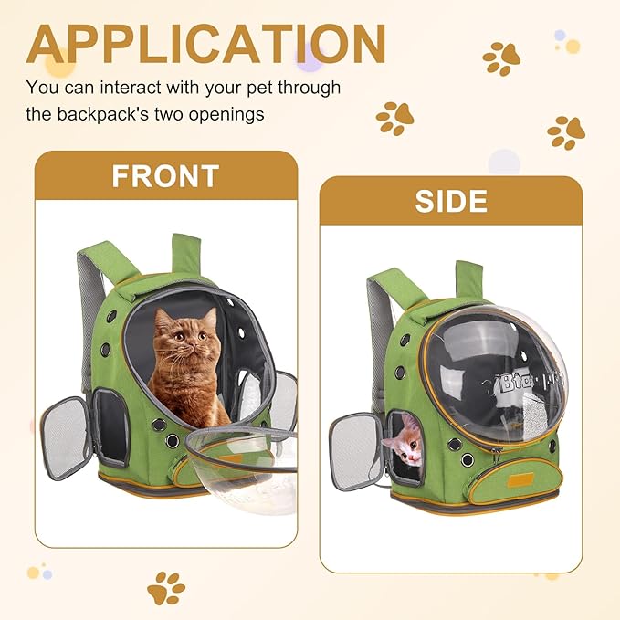 Pet Backpack Carrier, Portable and Ventilated, Oxford Cloth, Dog Cat Travel Bag with Transparent Cover 12.6", (Green, 1 Pcs), Intended for Hiking/Camping/Traveling