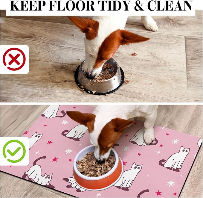 Halloween Dog Food Mats for Floors Pink, Absorbent Dog Bowl Mat for Food and Water, Quick Dry Pet Cat Food Mat Non-Slip Pet Supplies
