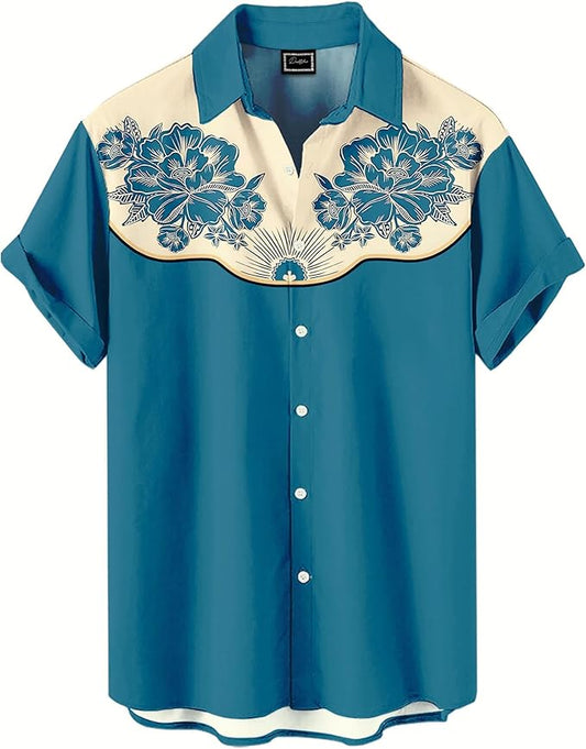 Men’s Hawaiian Shirt Western Cowboy Symmetrical Print Short Sleeve Button Down Casual Beach Holiday Summer Shirt