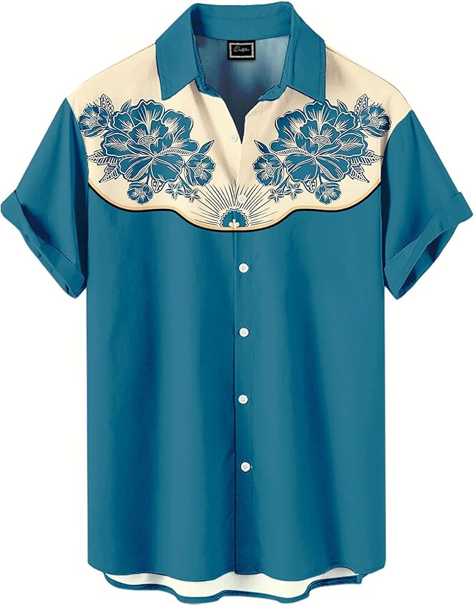 Men’s Hawaiian Shirt Western Cowboy Symmetrical Print Short Sleeve Button Down Casual Beach Holiday Summer Shirt