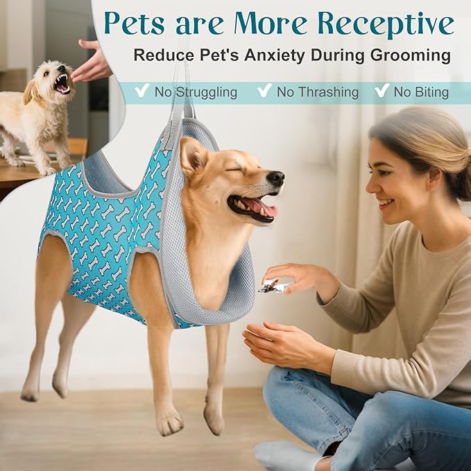 Supet Dog Grooming Hammock Harness for Dogs Cats, Relaxation Pet Nail Clipper Hammock, Restraint Dog & Large Animal Leashes Sling for Groomingk for Nail Trimming (Coral Blue, 2XL)