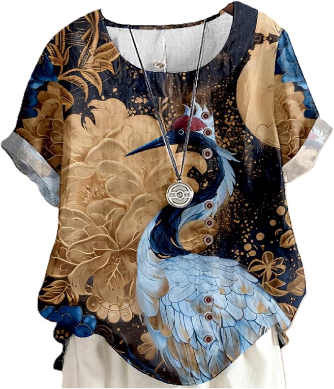 Japanese Print Women Summer Shirts Flower Bird Graphic Plus Size Tunic Tops Crewneck Short Sleeve Blouses