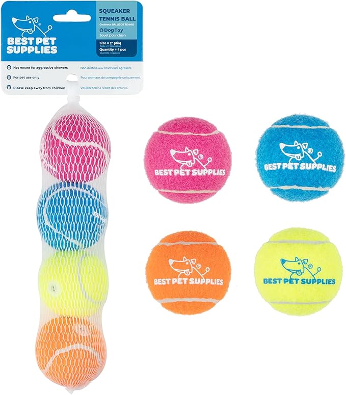 Best Pet Supplies Interactive Squeaky Dog Chew Toy, Ideal Dog Toys for Chewers, Small, Medium & Large Dogs, and Fetch Lovers - Tennis (Assorted Color), Small (Pack of 4)