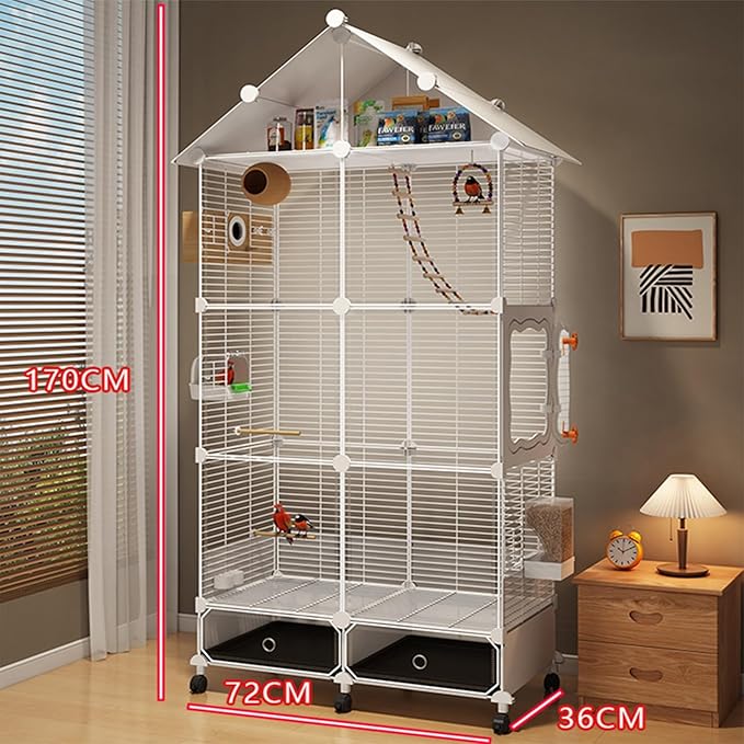 Large Parrot Cage with Acrylic Doors, 4 Casters, Perch & Feeder, Detachable Drawer, Ideal for Cockatiels, Budgies, Conures, Indoor/Outdoor Use – Spacious White Birdcage(White,72 * 36 * 170)