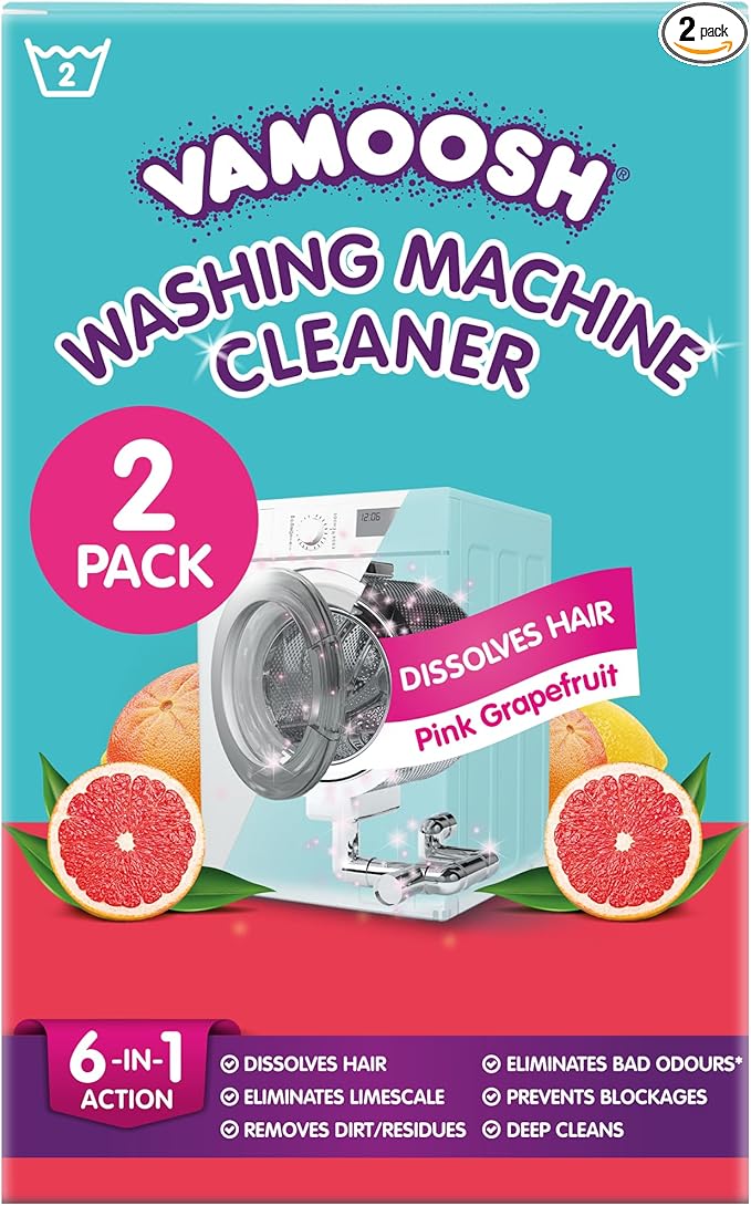 Vamoosh 6-in-1 Washing Machine Cleaner | Dissolves Pet Hair | Prevents Blockage | Grapefruit Scent | Removes Limescale | Deep Clean | Eliminates Odor | Made in the UK | 150g (Pack of 2)