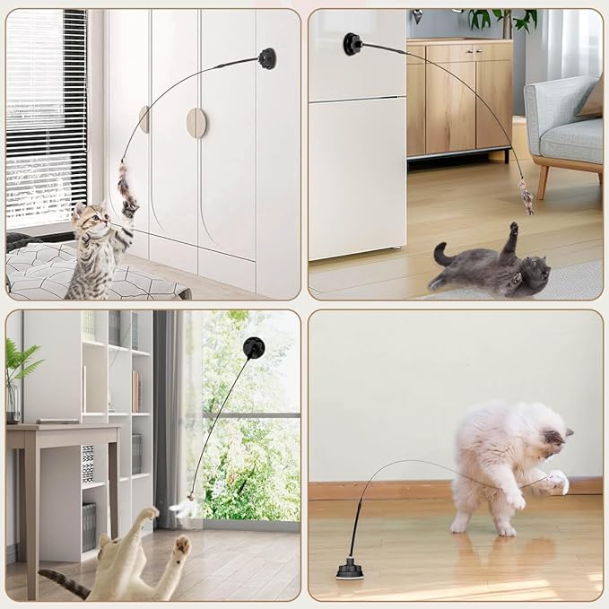 Suction Cup Cat Toys for Indoor Cats,3 in 1 Interactive cat Toys for Indoor Cats,Self Play or Handheld,Feathers & Bells,Realistic Toy Mouse and Silvervine Sticks(Pink)