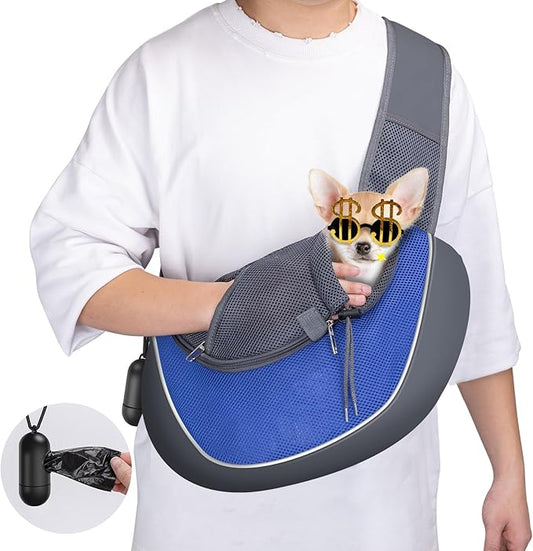 Nobleza Dog Sling Carrier, Mesh Adjustable Pet Sling Puppy Sling Carrier for Small Medium Dog Cat Rabbit (L (up to 10 lbs), Gray Blue)