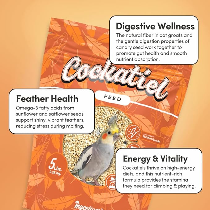 Mycelium Cockatiel Bird Food (5 LB Bag) | Organic Bird Seed for Cockatiels & Small Birds | Supports Feather Shine & Daily Energy | Premium Dust-Free Blend | Non-GMO & USA Made