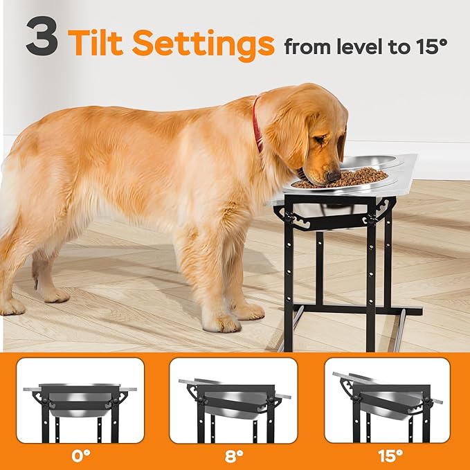 Elevated Dog Bowls for Large Dogs, 4 Height Adjustable Tilted Raised Dog Bowl Stand with 2 Stainless Steel 2L Bowls, 13.6" Tall Dog Feeder for Medium and Large Breed