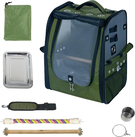 Birds Day Bird Carrier Backpack-Parrot Travel Cage with 2PCS Perch and Food Bowl, Stainless Steel Tray (Dark Olive Green)