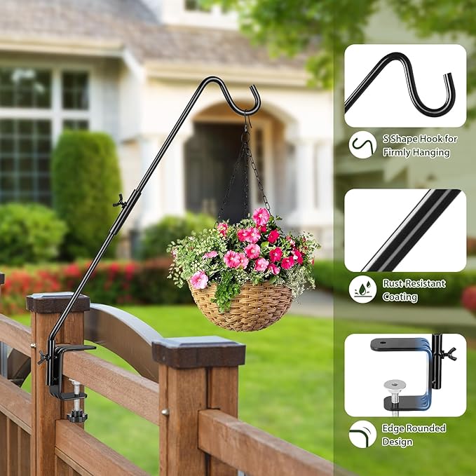 BOLITE Heavy Duty Deck Hook, 20 Inch Bird Feeder Hanger for Hummingbird Feeders, Planters, Lanterns, Wind Chimes, 360° Rotatable Arm, Black