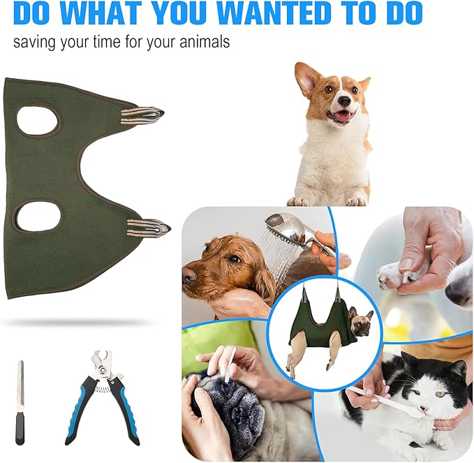 10 in 1 Pet Dog Grooming Hammock Harness with Nail Clipper,Dog Hammock for Nail Trim,Grooming Sling Holder Hanger Restraint for Claw Care (XXL+ / 100LB Max, Khaki Green)