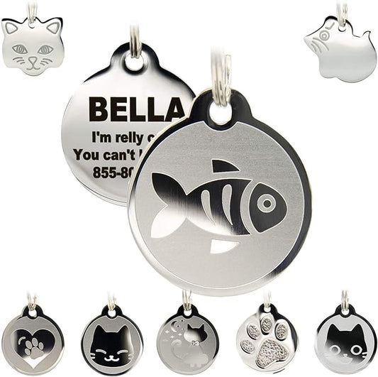 Stainless Steel Cat ID Tags - Engraved Personalized Tags with up to 4 Lines of Text and Cat & Mouse Shapes