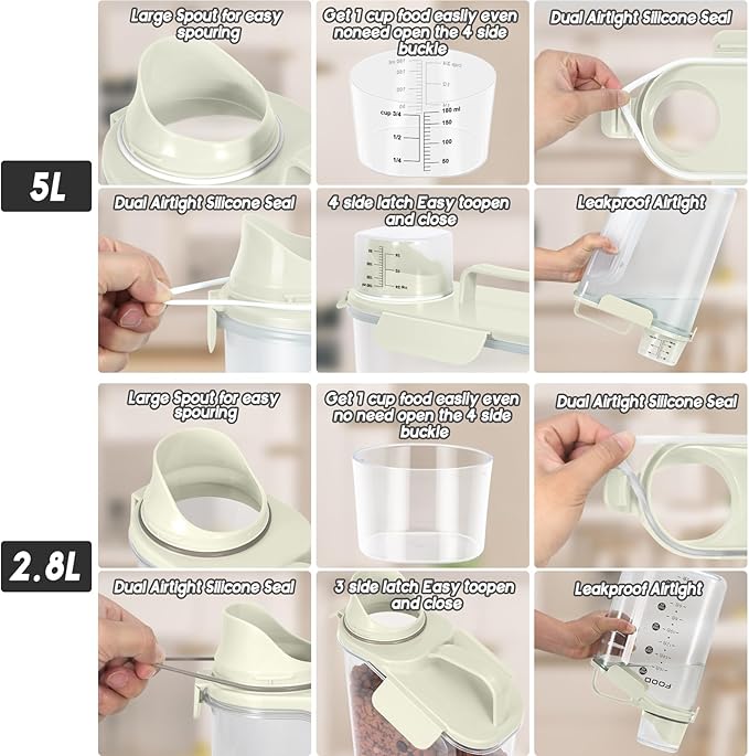 Dog Food Storage Container, Upgraded Large Nozzle BPA-free, 3-5 LBS Plastic Pet Food Storage Containers, With 4 Sealed Clasps, 1 Measuring Cup and Handle (Beige-A)