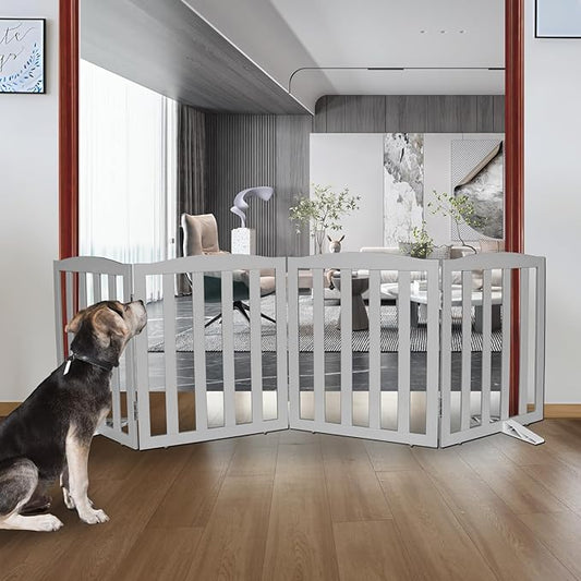ZJSF Foldable Freestanding Indoor Dog Gate for House Wood Long Pet Gates Dog Fence for Stairs Puppy Gates for Hallways, Puppy Gate,Support Feet Included, Grey, 24 "Height-4 Panels