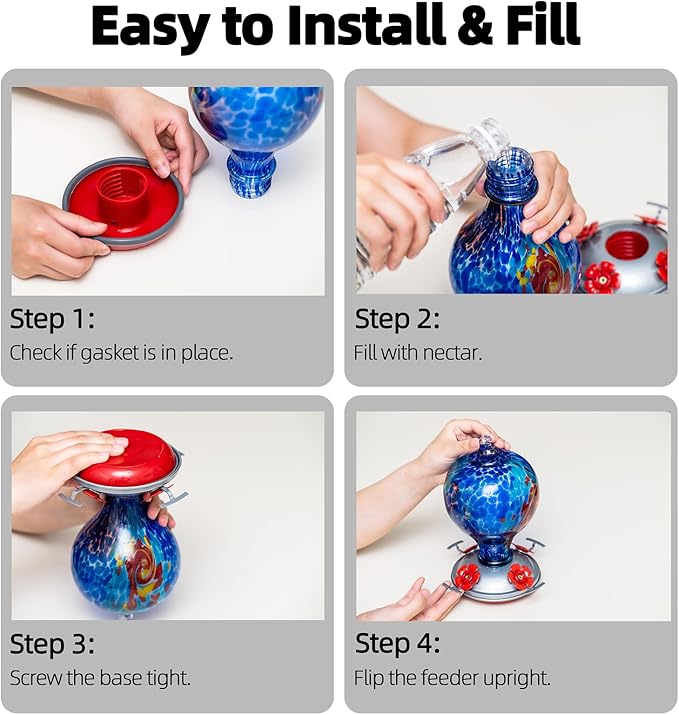 2 Packs Hummingbird Feeder for Outdoors Hanging Ant and Bee Proof, 34OZ 32OZ Hand Blown Glass Hummingbird Feeders for Outside (Red & Blue)