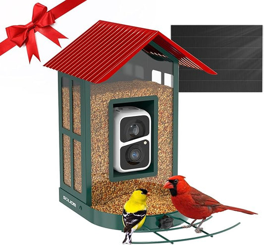 SOLIOM Solar Bird Feeder with Camera for Outdoors - Durable Metal AI Smart Birdhouse, 2K Live View & Instant Alerts, Squirrel Proof - Ideal Bird Watching Gift (Red)