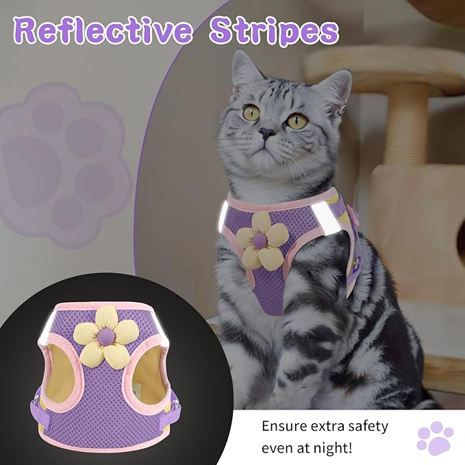 Cat Harness and Leash Set for Walking Escape Proof, Adjustable Kitten Harness Breathable Mesh with Reflective Strips Harness with Flower for Kitty Puppy Bunny Purple XS