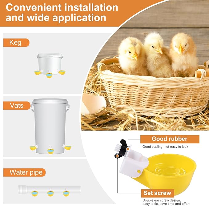 Chicken Waterer Cups (8 Pack/Yellow) - DIY Automatic Large Chicken Water Feeder for Ducks,Chicks, Turkeys, Quail, Bunny, Bird and Other Various Poultry Dispenser with Matching Drill