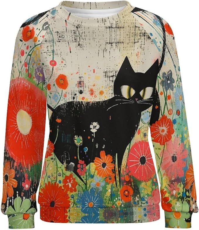 Long Sleeve Shirts for Women Cat Oil Painting Shirt 3D Graphic Sweatshirts Fall Pullover Crewneck Vintage Boho Tops