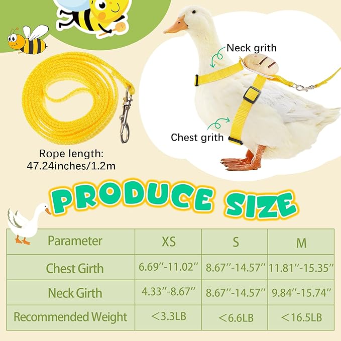 Duck Harness Leash Set Duck Harness and Leash for Real Ducks Adjustable Walking Rope Pet Cute Pattern Outdoor Traction Rope for Chicken Rabbit Small Animals(M,Bee)