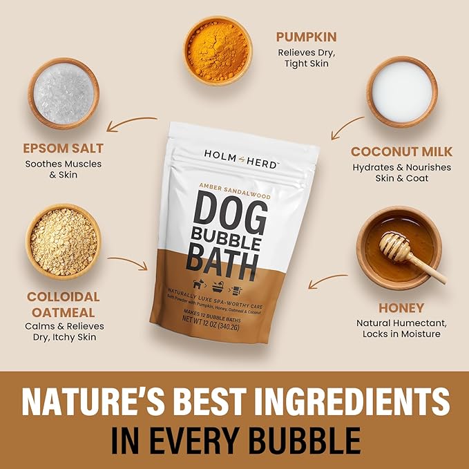 Dog Bubble Bath Shampoo Alternative – Smooth Amber Sandalwood Scent, Oatmeal & Honey Natural Pet Spa Soak, Gentle Puppy Wash, Dog Gift - 12 Baths (Amber Sandalwood)
