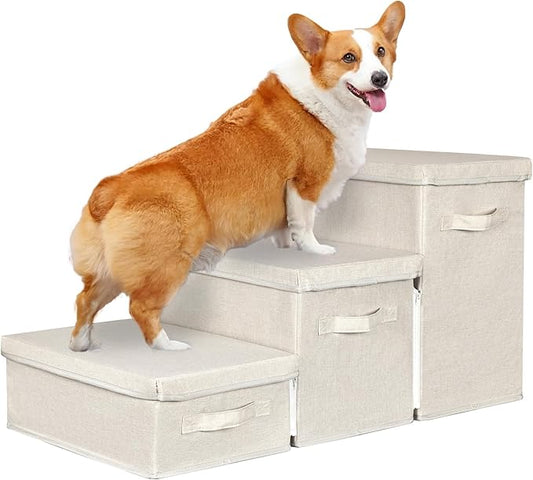 Pet Stairs with Storage, Pet Step for Small Dogs and Cats, 3-Step Folding Pet Steps with Zip, Cat Stairs Dog Steps for Bed, Couch and Car Ramp (Beige, 3 Steps no Condo)