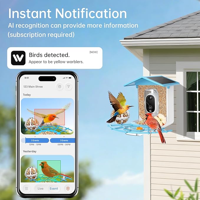 Smart Bird Feeder with Camera Solar Panel, Battery Powered 3MP HD Video Monitoring AI Recognition of 10,000+ Species Color Night Vision,Outdoor Waterproof,for Bird Watching