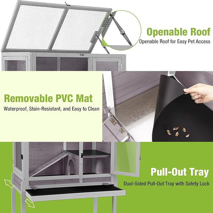 GUTINNEEN Rabbit Hutch Bunny House, 36.6" L Rabbit Cage with Anti Chewing Ramp, Guinea Pig Cage with Cooling Galvanized Sheet, Detachable Legs(Grey)