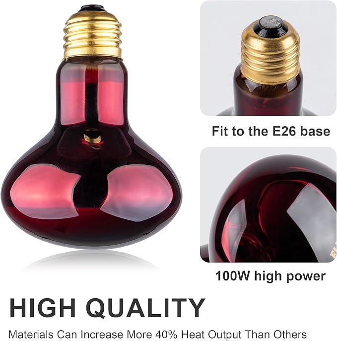 Reptile Heat Lamp Bulb, 100W Infrared Heat Light Bulbs, Red Basking Spot Lightbulb for Snake, Tortoise, Bearded Dragon, Lizard, Chicks, Turtle, Chickens, Pets - 2 Pack