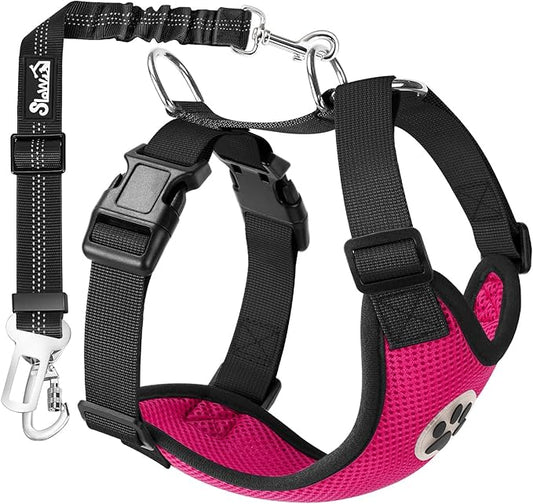 SlowTon Dog Seat Belt Harness for Car, Dog Car Harness Adjustable Mesh Breathable & Dog Seatbelt Safety Tether with Elastic Bungee for Small Medium Large Pets(Fuchsia, Double Clip, M)