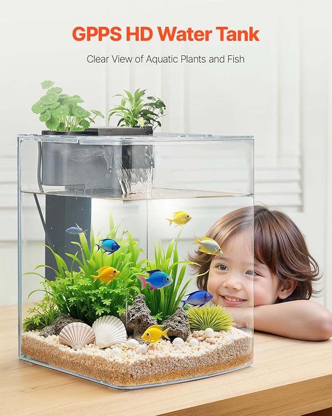 VEVOR Fish Tank Aquarium, 2 Gallon Arch Ultra-Clear GPPS Starter Smart Tank Adjustable 3 Color Lighting, Self Cleaning System Fishbowl for Freshwater & Saltwater Fish Home, Office, or Pet Use