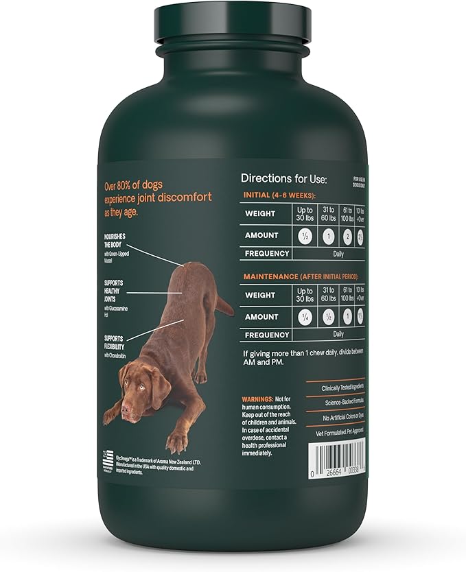 VetriScience Ultimate Strength Healthy Hip & Joint Chewable Tablets, GlycoFlex Glucosamine, Chondroitin and Green-Lipped Mussel Joint Supplement for Dogs, Soothe Joint Discomfort, Chicken, 120 Count