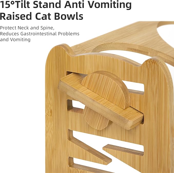 Elevated Dog Bowls, Adjustable Raised Dog Bowl Stand with 2 Stainless Steel Dishes and 1 Slow Feeder Bowl, Durable Bamboo Dogs Feeding Station for Small Medium Dogs/Cats