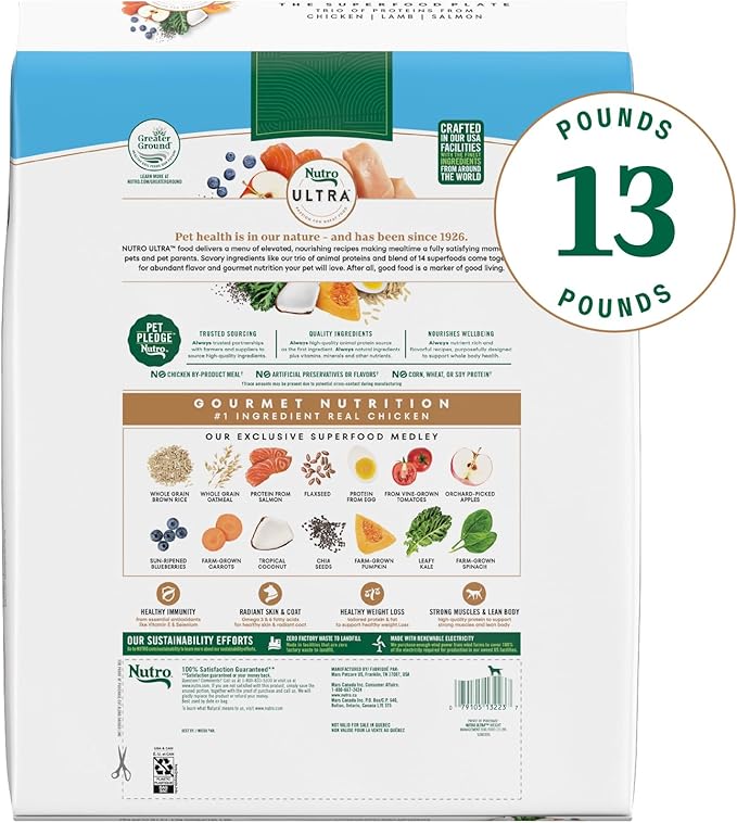 Nutro Ultra Adult Weight Management Dry Dog Food, Chicken, Lamb and Salmon Protein Trio, 13 lb Bag