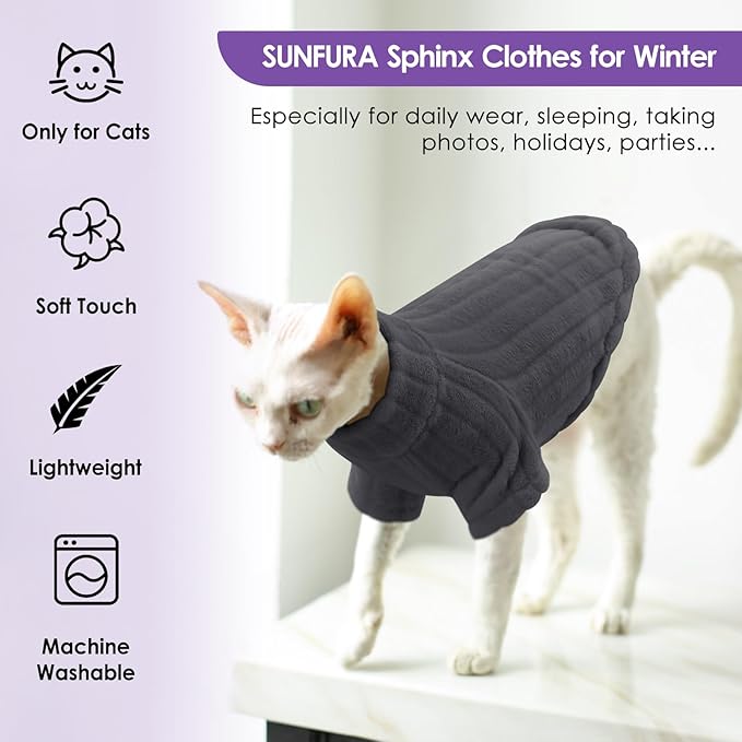 SUNFURA Sweaters for Cats, Hairless Sphynx Sweater Kitten Pullover with Sleeves, Warm and Soft Cat Pajamas Fleece Sweatshirt Jumpsuit, Turtleneck Clothes for Fall Winter, Grey S