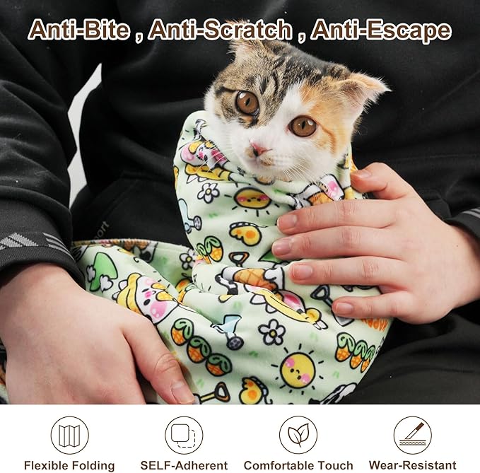 27.6" Large Cat Grooming Wrap – Anti-Escape Cat Wrap for Cutting Nails, Brushing & Medication – Soft, Comfortable, Reusable, Self-Adhering, Holds Cats Up to 15lbs (Cow Corn)