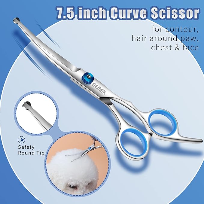 GEMEK Professional 5 in 1 Dog Grooming Scissors Set with Safety Round Tips, Sharp and Heavy-duty Pet Grooming Shears for Cats (Blue)