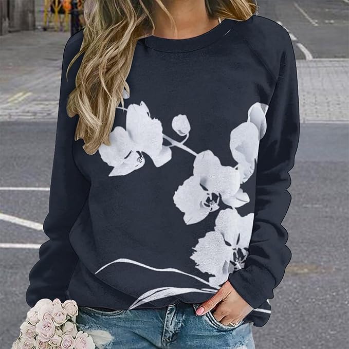 Womens Long Sleeve Tops Y2k Japanese Art Print Sweatshirts Fall Pullover for Women Crewneck Vintage Shirts Boho Tops