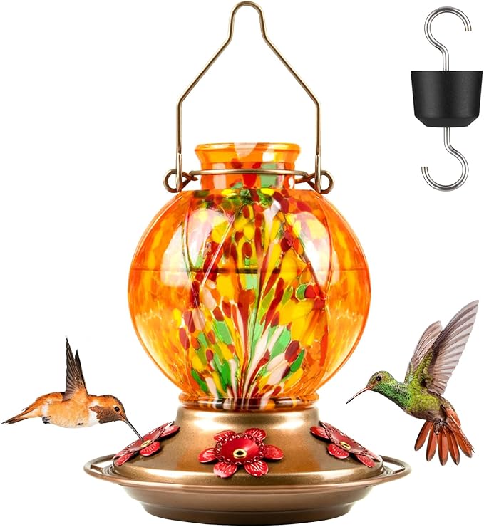 BOLITE Hummingbird Feeder, Hand Blown Glass Hummingbird Feeders for Outdoors Hanging, with Ant Moat and 5 Feeding Ports, 20 Ounces, Meshy Texture Ball Shape Bottle, Orange, Gifts for Women Men